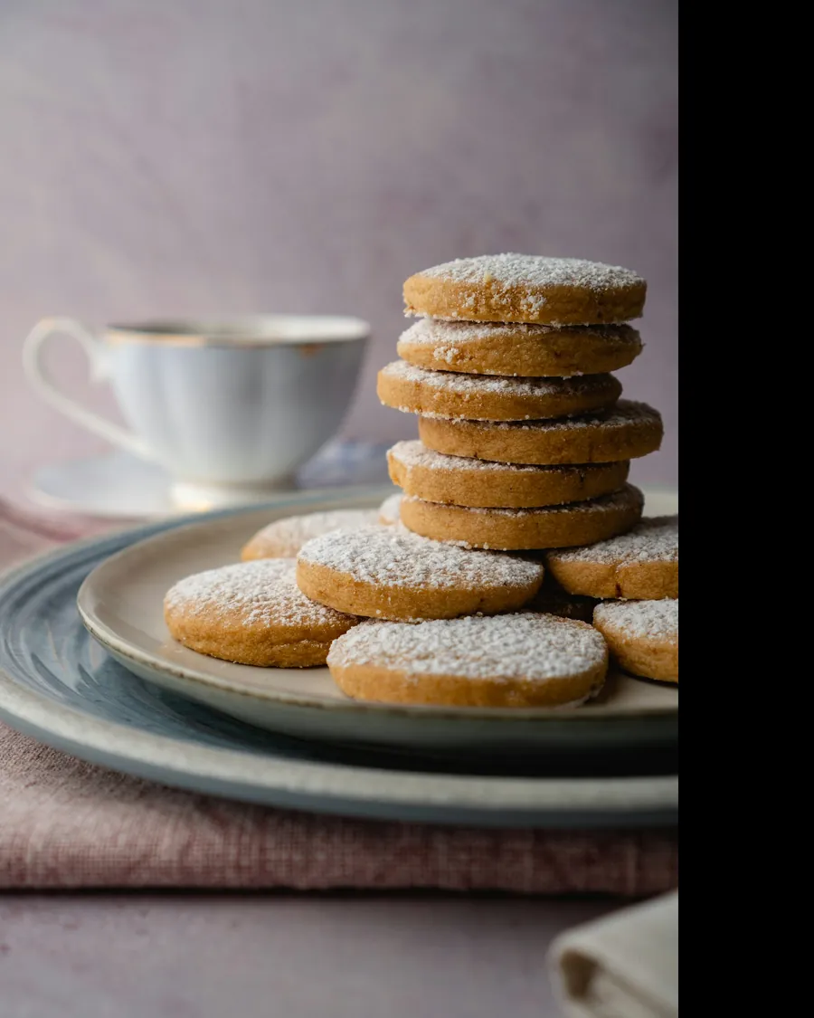 Pile de sablés dorés saupoudrés de sucre, sur une assiette de grès